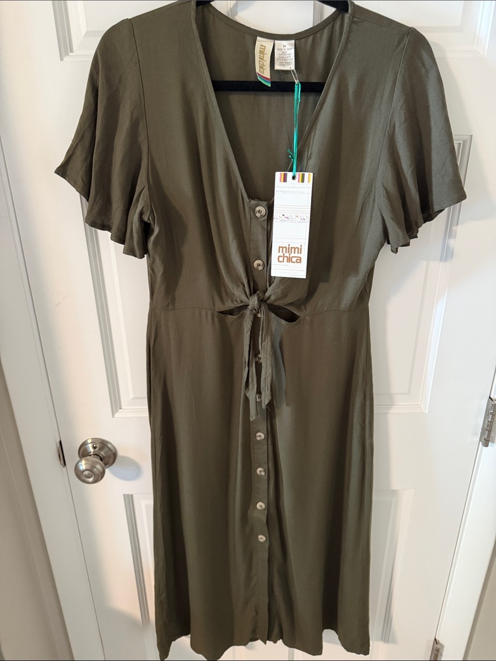 Mimi Chica Olive Green Button-Front Cutout Midi Dress Bohemian Size Medium